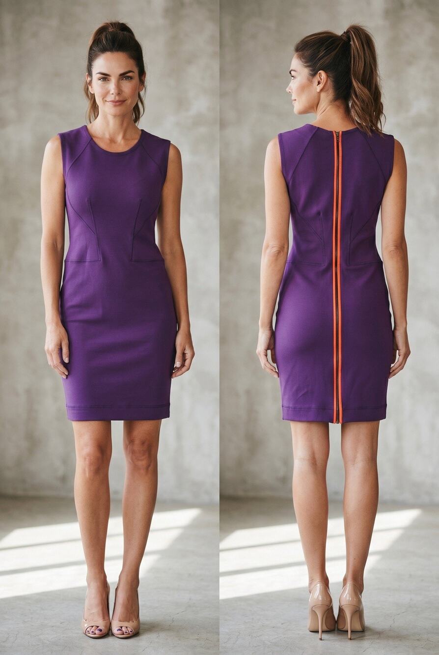 French Connection Size 6 Bodycon Dress Plum Purple & Orange Silk Trim Zipper